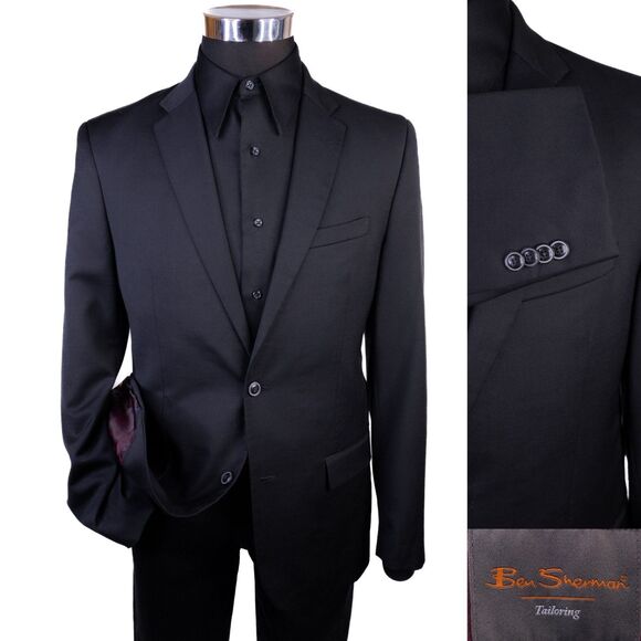 Ben Sherman Sport Coat Suit Jacket Solid Black Blazer Sz 40R Two Button Wool Bld - Picture 1 of 13